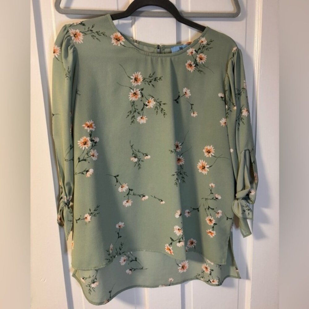 CeCe Sage Floral Blouse with Bow Sleeves